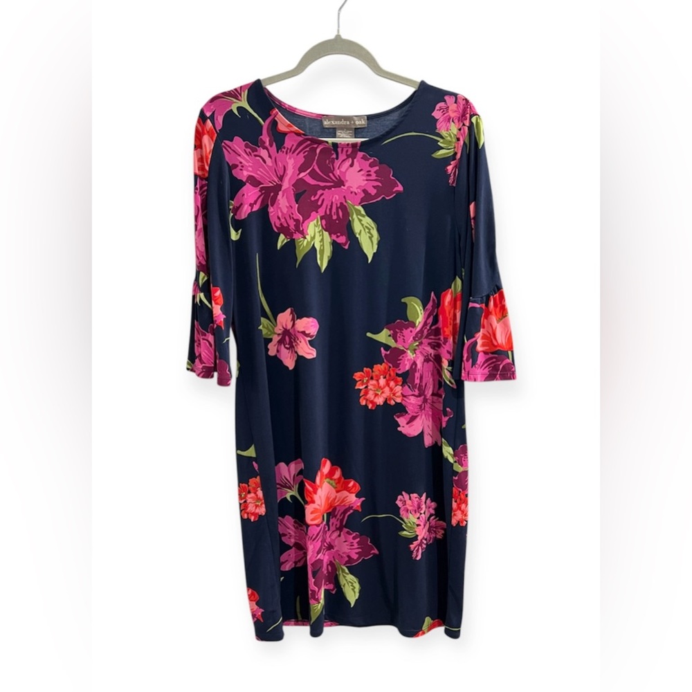 alexandra + oak Women’s floral navy dress with pink and green accents, Size L